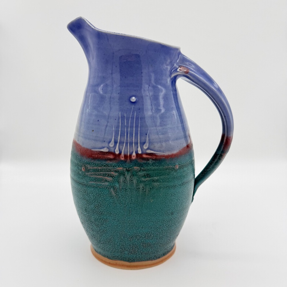 Vintage Studio Pottery Pitcher Turquoise Periwinkle Oxblood Art Pottery Vase - Picture 4 of 8